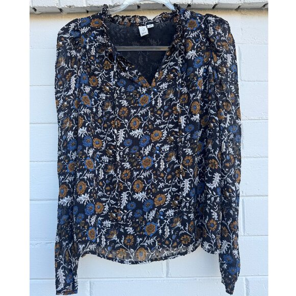Joie Floral Chiffon Blouse | Black Blue Mustard Ruffle Peasant Top | Size S - Picture 1 of 7